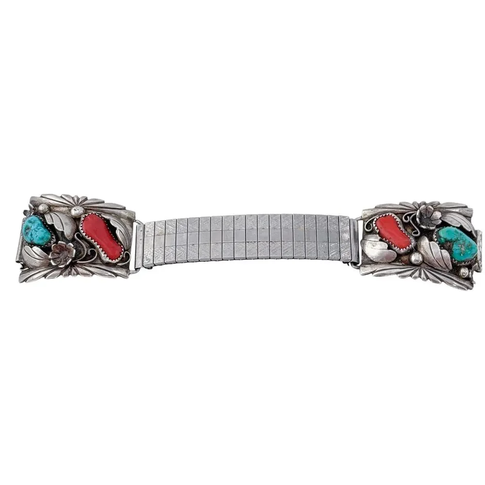 Vintage Southwest Sterling Silver 925 Turquoise Coral Watch Tips 6